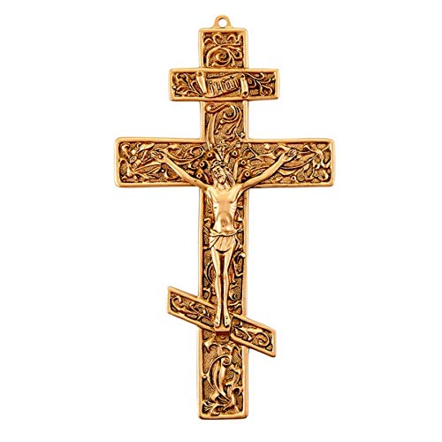 Gold Toned Pewter Filigree Greek Orthodox Three Bar Cross Crucifix, 8 1/2 Inch