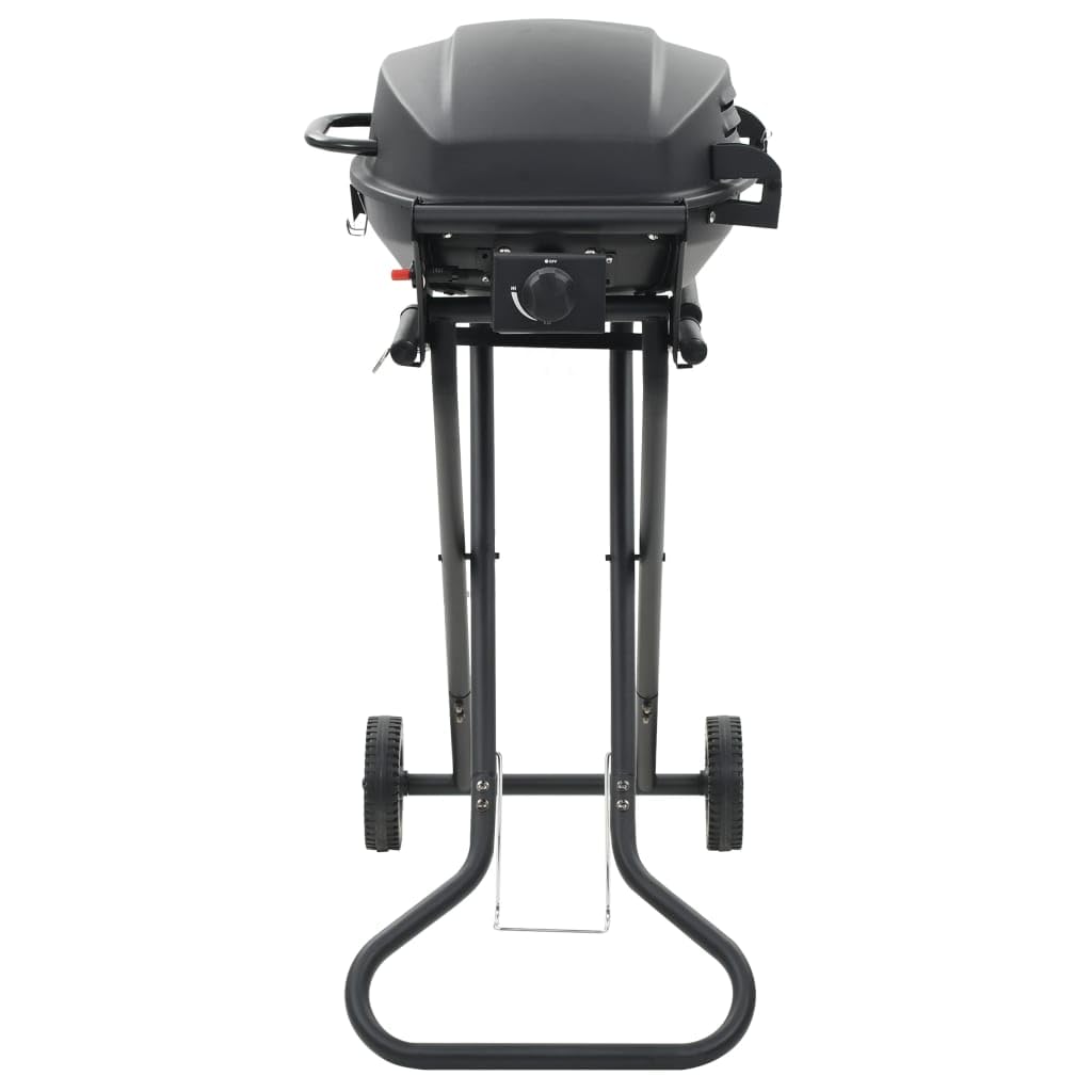 Przenośny grill gazowy, czarny, ze strefą gotowania, stal malowana proszkowo, 103 x 47 x 97 cm, powierzchnia grillowania 0,15 m², zapłon piezoelektryczny, składane półki, 2 rolki na taras