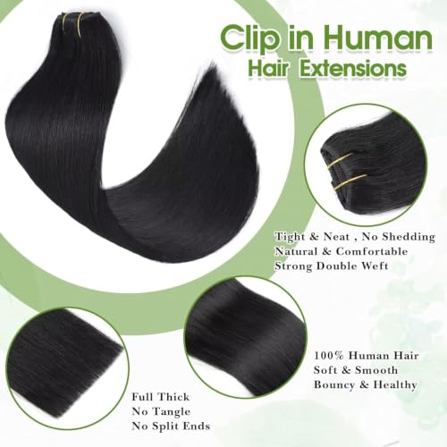 Image of Jet Black Clip in Hair Extensions Real Human Hair, 18inch /8pcs Seamless Invisible Human Hair Clip in Extensions for Women, 10A Brazilian Virgin Remy Human Hair Extensions Clip ins Double Weft 70g