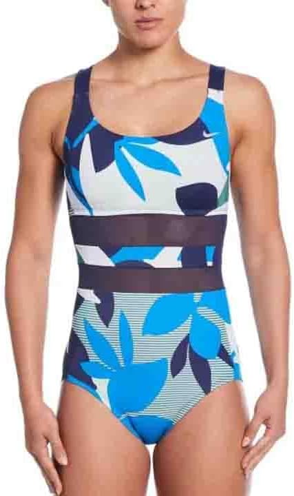 Nike Women's Mesh Solid Edge V-Back One Piece Swimsuit (US, Alpha, Large, Regular, Regular, Jungle Navy)