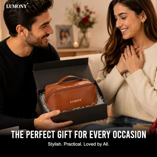 Image of LUMONY Makeup Pouch Bag Leather Large Capacity Travel Toiletries Organizer Cosmetic Bag with Handle and Divider Multifunctional Makeup Bag for Easy Access Waterproof (Brown)