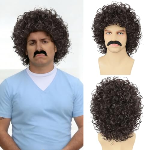 Guree Hair Mens Black Brown Curly Wig + Mustache + Wig Cap 70s 80s Afro Curly Rocker Funny Wigs for Costume Party Cosplay Halloween Use3pcs Set