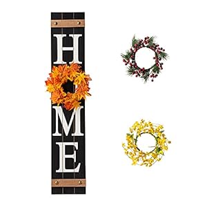 Glitzhome Wooden Welcome Home Porch Sign with Interchangeable Wreaths for Front Door Vertical Farmhouse Standing Home Sign Hanging Wall Sign for Year Spring Fall Thanksgiving Christmas 42H Black