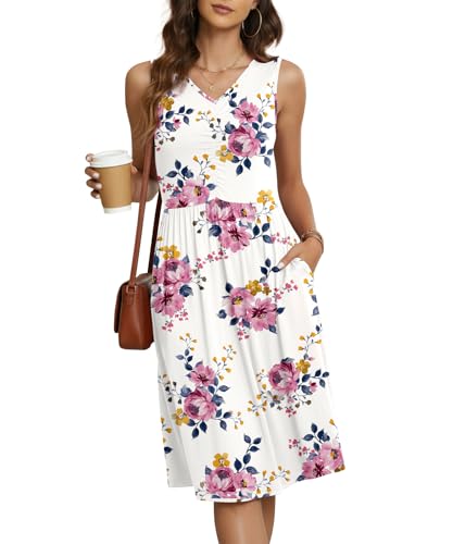 Image of NILOUFO Sleeveless Dress for Women Summer Knee Length Sundress with Pockets | Sundresses for Women Tank Empire Waist Sun Dress Cold Shoulder Casual V Neck Midi Dress Flowy Summer Dresses for Women