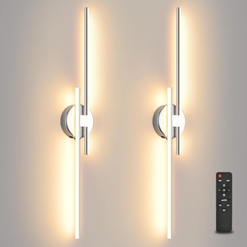 Image of Wireless Battery Operated Wall Sconces with Remote, USB Rechargeable Led Wall Lights, 3000K-6000K Wireless wall sconces for Bedroom, Hallway, Living Room, Chrome 31.4 inch Wall Light Set of Two
