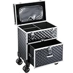 Joligrace Makeup Case Vanity Case Large Beauty Makeup Trolley on Wheels with Drawer Make Up Box Organiser Nail Polish Organiser Storage, Black and Silver