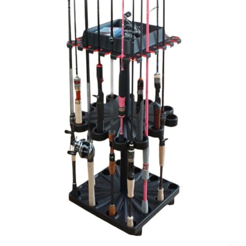 Soportes para caña de pescar para piso de garaje, organizador ajustable de 24 cañas con base móvil y compartimento de almacenamiento grande para accesorios de pesca y carretes