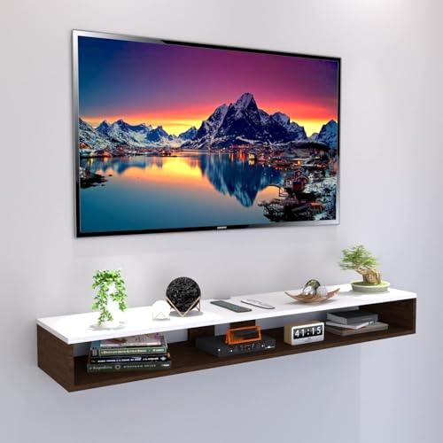 Image of Wall Mounted TV Unit with Floating Entertainment Shelf, Engineered Wood TV Cabinet with Display Shelves, Set Top Box Stand, Cable Management, Living Room Wall Shelf, Brown & White, 90 cm