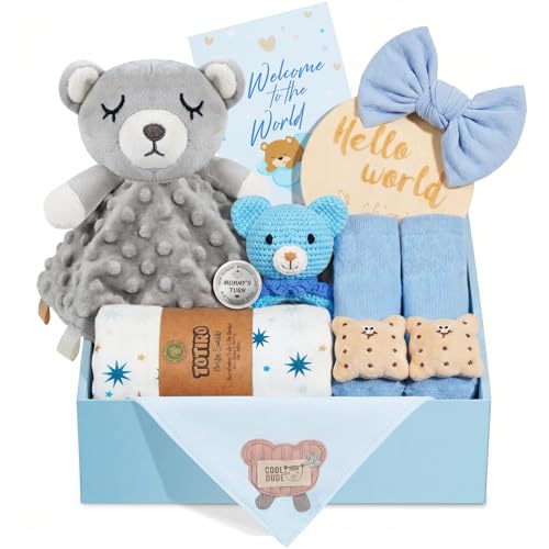 Image of Newborn Baby Boy Gift, 9 Pcs Baby Gifts for Boys Newborn Essentials, New Baby Boy Gift Basket Baby Shower Gender Reveal Gifts, New Mom Gift Swaddle Blanket Bear Rattle Gift Set