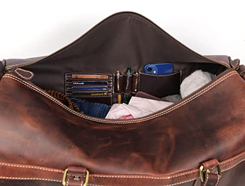 Full Grain Leather Travel Duffel Barrel Bag With Adjustable Straps | Large Compartment & Zippered Side Pockets Weekend Overnight Bag (Walnut) #TOP3