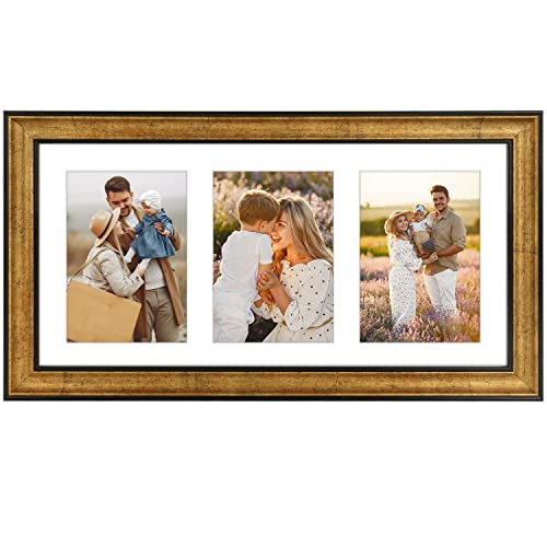 Golden State Art, 9x18 Antique Gold Frame - White Mat for Three 5x7 Pictures - Sawtooth Hangers - Wall Mounting - Landscape/Portrait - Real Glass - Collage Frame