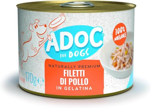 Adoc Naturally Premium, Cibo Umido Complementare per Cani Filetti di Pollo, 24 Lattine da 170 grammi in Gelatina Senza Conservanti e Coloranti