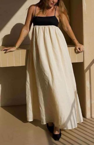 chouyatou Women's Summer Color Block Spaghetti Strap Maxi Linen Dress Long Casual Flowy Beach Sundress4