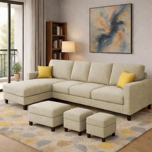 Image of Casaliving Rolando Seater L Shape Sofa Set for Living Room Left Side (Cream, 6 Seater with Ottomon - LHS)
