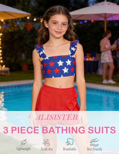 Image of ALISISTER Girls Swimsuit 3 Piece Bathing Suits Summer Bikini Tankini Sets with Cover Up Skirt for 4-12 Years