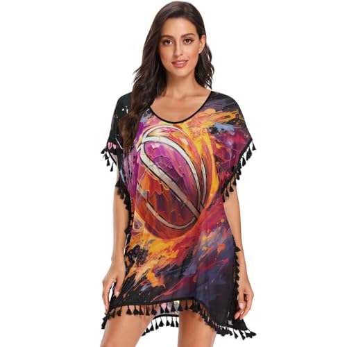 Pink Fire Basketball Art Women's Beach Cover Up Chiffon Tassel Swimwear Swimsuit Coverups for Girl