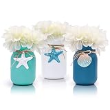 Beach Mason Jar Decor Coastal Table Centerpiece with White Flowers Floral Arrangement Blue Shell Sta