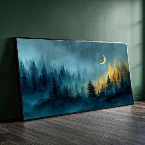 Toile paysage forestier art mural rustique vintage 40x70 cm peinture ciel nocturne