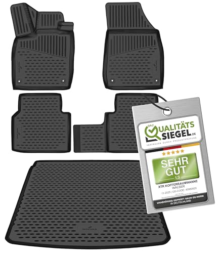 WALSER Kofferraumwanne & Gummi Fussmatten Set für Skoda Enyaq iV SUV (5AZ) 10/2020-Heute, 100% passgenaue Auto Fußmatten, Antirutschmatte PKW, Auto Gummimatten, Fussmatten Gummi