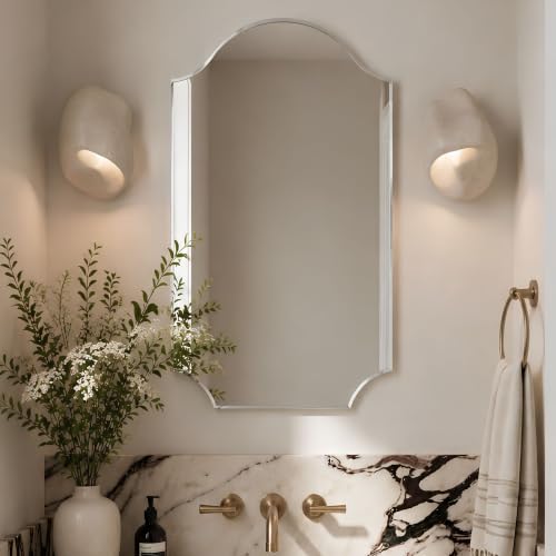 Image of TEHOME Chrome Scalloped Bathroom Mirror, Silver Irregular Bathroom Mirror, 24x36''