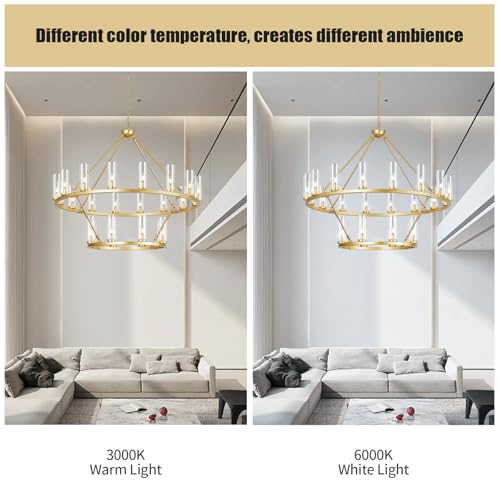 Image of 48 Inch Large Gold Wagon Wheel Chandelier with Clear Glass Shade 2 Tier 24-Lights Round Pendant Light Farmhouse Industrial Chandeliers Dining Room Light Fixture for Stair Living Room Foyer