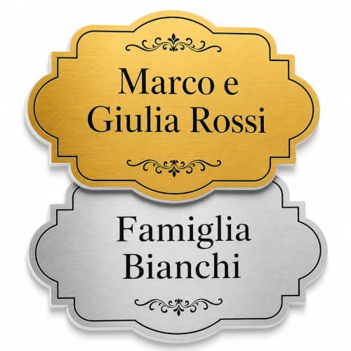 Targa Porta Ingresso Personalizzata in Plexiglass, Targhetta Adesiva Fuori Porta Casa con Nomi Famiglia, Biadesivo Incluso, Sfondo Oro Argento Bianco, Decoro a Scelta