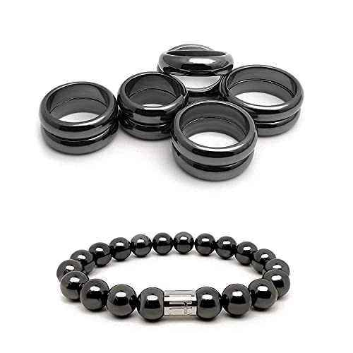 Morchic Magnetic Hematite Plain Band Rings 10Pcs, 8" Magnetic Hematite 10mm Beads Bracelet Promotion