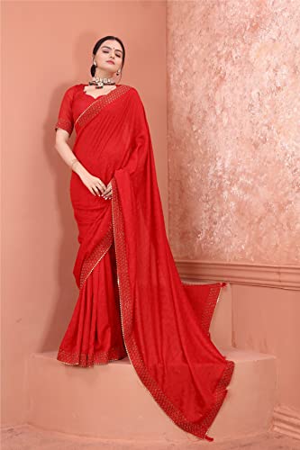 Image of SWADESI STUFF Vichitra Silk Saree with Banglory Silk Blouse and Stunning Crystal Fix Embellishments - Elegant Indian Ethnic Wear for Women