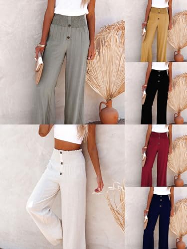 Women's Linen Blend High Waisted Rise Smocked Pants,Linen Button Wide-Leg Trousers,Linen Wide Leg Pants for Women2