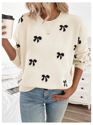 Image of BEAUDRM Women's Y2K Bow Print Sweater Crewneck Long Sleeve Drop Shoulder Knit Pullovers Sweaters Beige Large