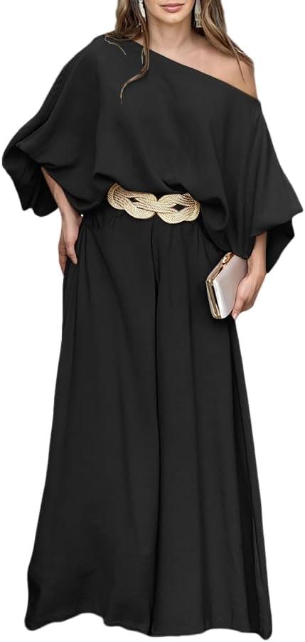 CHICME Women Summer 2 Piece Outfits Off Shoulder Lantern Sleeve Top Flowy Wide Leg Pants Set Black Medium