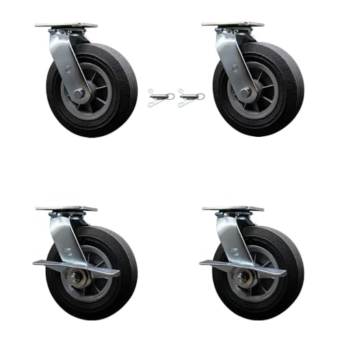 BBQ Smoker Grill Flat Free All Terrain Caster Wheel Set–8 Inch Easy Roll, No Flat, Maintenance Free Solid Rubber Wheels–2 Swivel with Bolt-On Locks and 2 Swivel with Side Lock Brakes – Service Caster