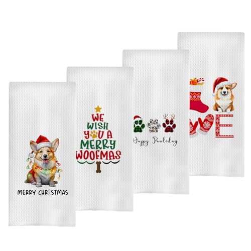 Geqtt Juego de toallas de cocina de Navidad Corgi, regalos de Navidad Corgi, toallas de cocina decorativas de gofre, regalos para amantes de los corgi, paños de cocina de mano, regalos de Corgi para