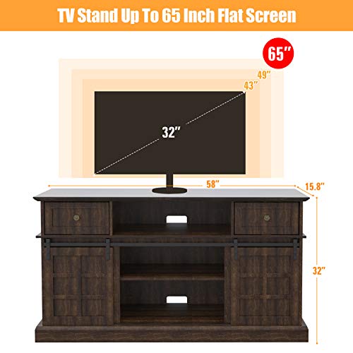 LGHM TV Stand, Entertainment Center for 65 Inch TVs, 58\" Farmhouse Wood TV Stand with Sliding Barn Doors, Ideal Media Storage with Front Flip-Up & Slip Drawers, for Living Room & Bedroom, Espresso