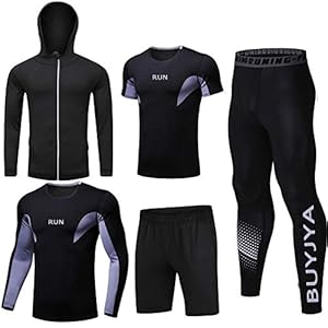 BUYJYA 5Pcs Men’s Compression Pants Shirt Top Long Sleeve Jacket Athletic Sets Gym Clothing Mens Workout Valentine’s Day gift