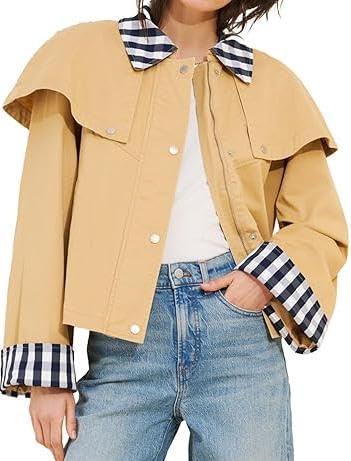 Women’s Gingham Trim Cape Jacket Lightweight Cotton Cropped Trench Coat with Snap Button and Contrast Cuffs