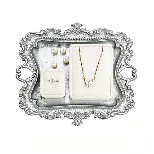 Image of Funly mee 8 x 7 inches Antique Trinket Dish Vintage Jewelry Tray, Ring Holder (Sliver, M)