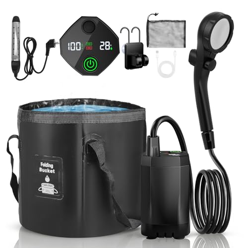Douche Camping avec Barre Chauffage - Kit Pompe de Douche Électrique Rechargeable 6000mAh, Pression d'eau Réglable, Écran Numérique, Résistant IPX8 - pour Camping, Jardin, Randonnée (Avec godet)