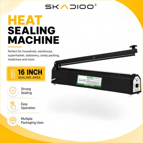 Image of SKADIOO Sealing Machine for Food Packets | 16 Inch Black Metal Body Heat Sealer with Adjustable 8 Level Timer Control | Hand Press Packet Sealer Machine for Plastic Bags, PE & PP Bags, Home & Shop Use