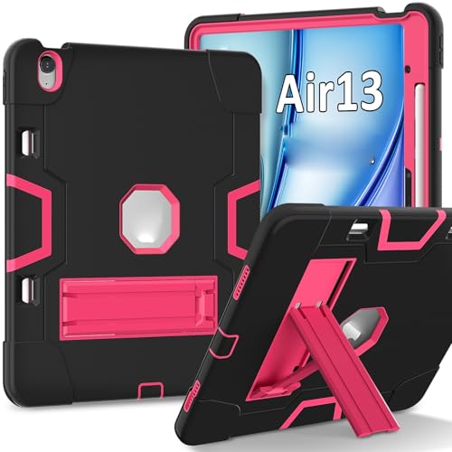 iPad Air 13�C���` M4/M3/M2 (2026/2025/2024) �P�[�X�ɑΉ��A�y���V���z���_�[�����V���R��+PC �n�C�u���b�h�J�o�[�A�ϏՌ��݌v�A�܂肽���ݎ��L�b�N�X�^���h�A360°�ی�(Black+Rose Red)