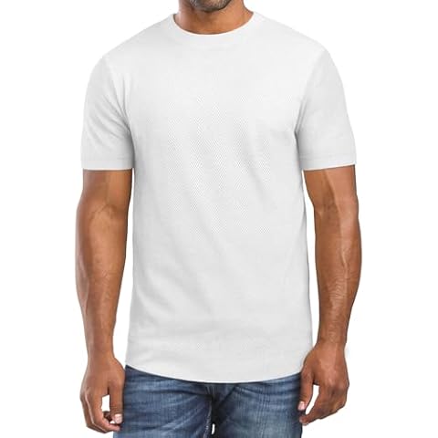 Gnvviwl Men's Knit T-Shirts Casual Short Sleeve Knitted Crewneck Honeycomb Waffle Solid Basic Pullover Tees White Cover