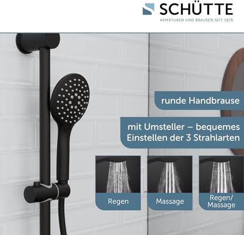 Schütte 64916 Raven Duschstange und Handbrause | Duschbrause mit 3-Fach verstellbarem Duschkopf | Brauseset mit Duschsäule | Regendusche Duschpaneel mit Schlauch | Schwarz
