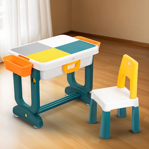 BAYBEE 4-in-1 Study Table and Chair Set for Kids, Foldable & Portable Design Study Desk with Storage, Drawing Board & Block Surface Age 2-8 Years (Green)