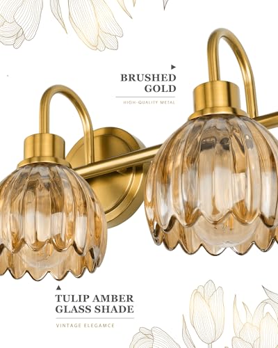 Image of 3-Light Gold Bathroom Vanity Light, Amber Tulip Glass Shade | 21 Inch Bathroom Light Fixtures Over Mirror, Modern Brass Vanity Lighting Fixtures, AD-22282-3W-GD-OR