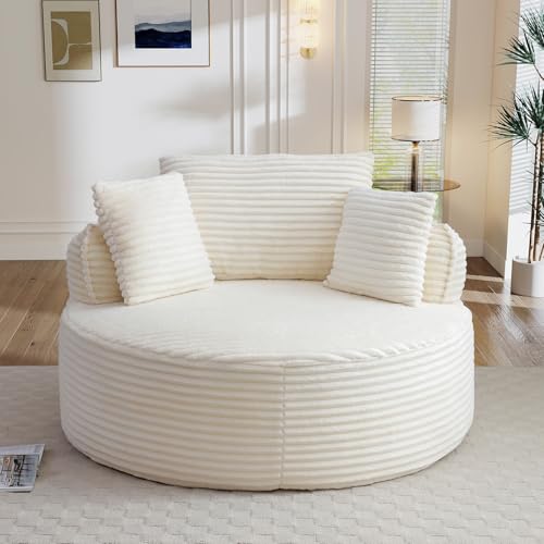 Image of Antetek 53.5-inch Round Chair, Modern Accent Corduroy Comfy Deep Seat Boneless Foam Floor Single Circle Chaise Sofa Chair with 3 Pillows for Living Room Bedroom Office, No Assembly Required, Beige