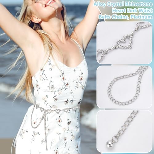 UNICRAFTALE Heart Chain Belt Metal Jean Chain Belt Crystal Rhinestone Heart Link Waist Chain Belts Platinum Adjustable Belly Chains for Jeans Dresses Wedding Dress Bridal Belt4