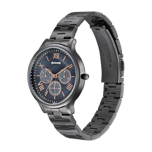 Image of Sonata Axis with Quartz Analog Black MOP Premium Multifunction Design Dial IP Gun Strap Watch for Women - 87119QM01