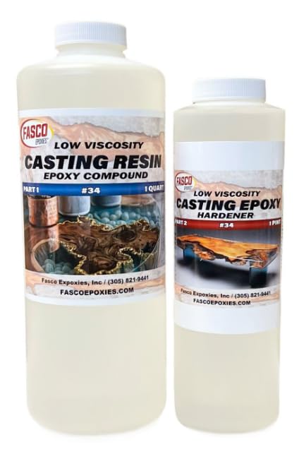 Fasco Epoxies #34 Crystal Clear Casting Epoxy Resin – Deep Pour Epoxy for Artworks, Castings, and River Tables – Liquid Glass Epoxy for Large Castings and Coatings – Gloss Finish (3 Quart Kit)