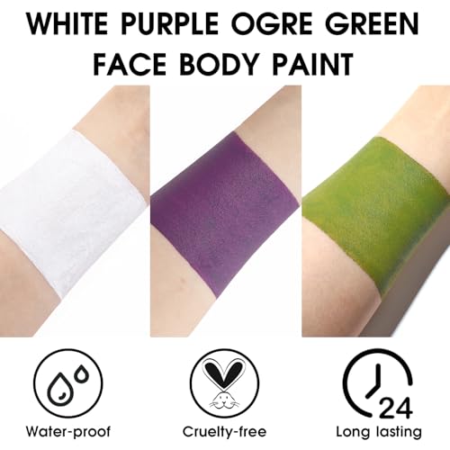 Image of BADCOLOR 3PCS White Ogre Green Purple Face Body Paint Stick Makeup for Beetle-juice / Frankenstein SFX Cosplay & Dress Up, Full-Coverage Halloween Facepaint Makeup Kit