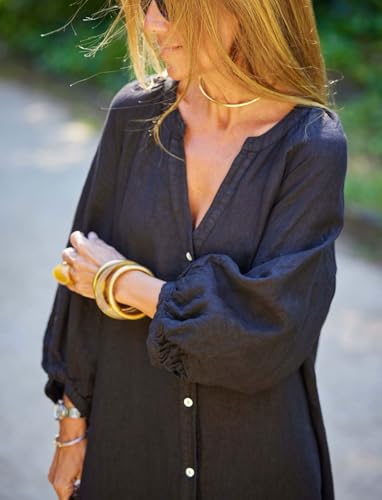 Image of chouyatou Women Summer Long Sleeve Notch Neck Maxi Linen Shirt Dress Loose Button Down Tunic Shift Dress